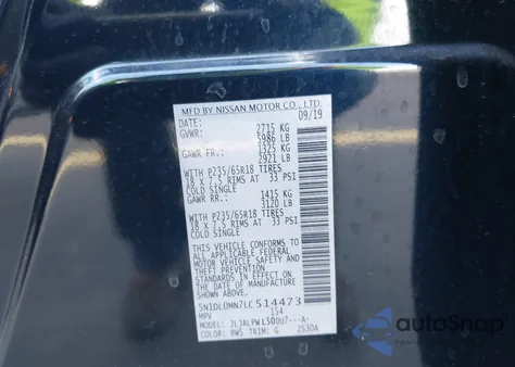 2020 Infiniti Qx60 Pure z USA, uszkodzony, nr VIN 5N1DL0MN7LC514473